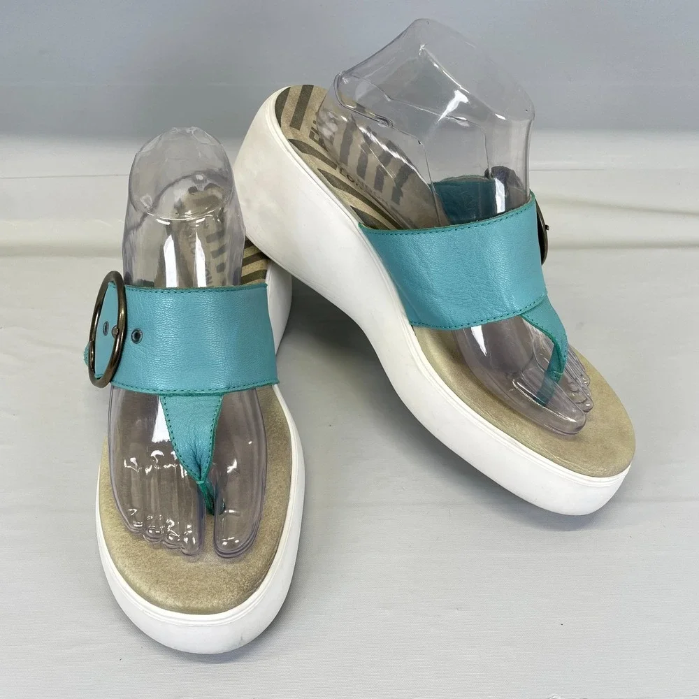Fly London Dafi Wedge Sandals Womens Size 41 US 10 Blue Leather Buckle Shoes